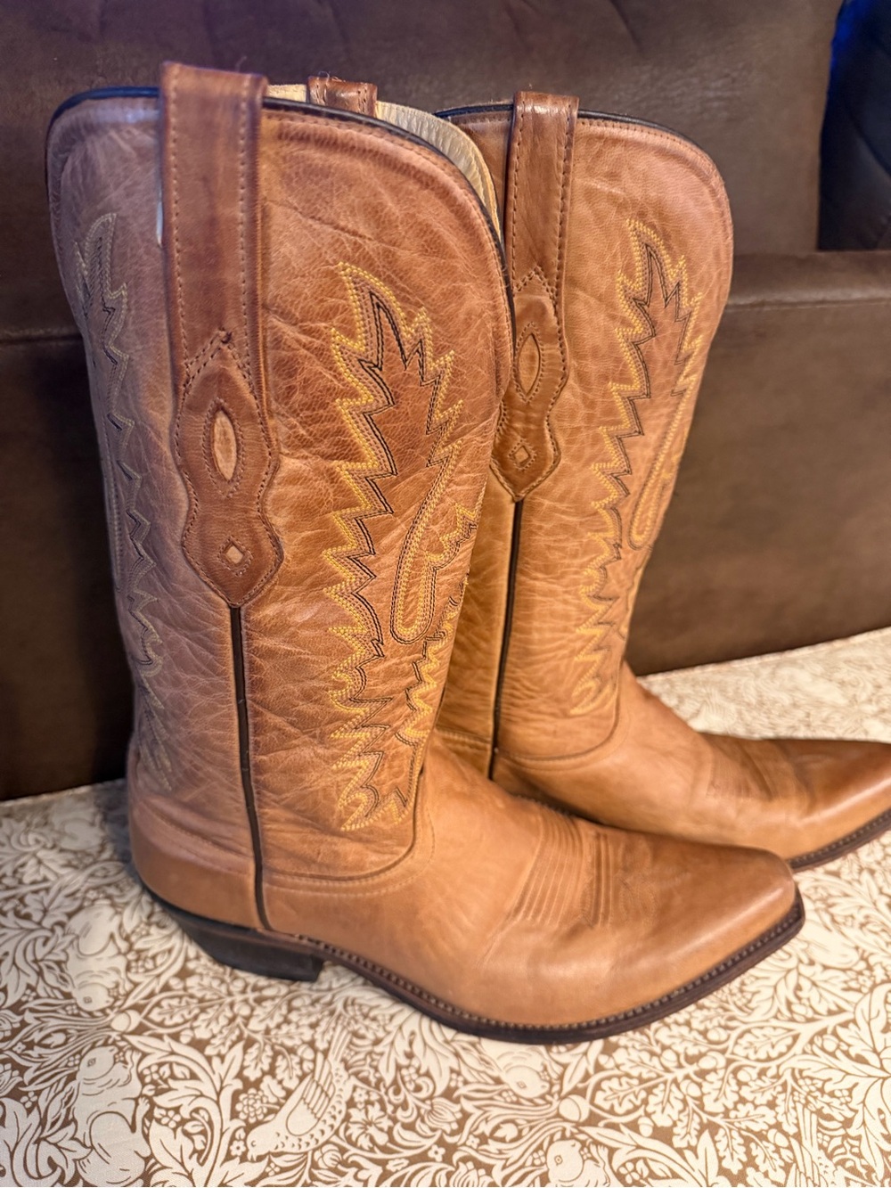 Old West Tan Leather Western Pull-On Cowboy Boots 10